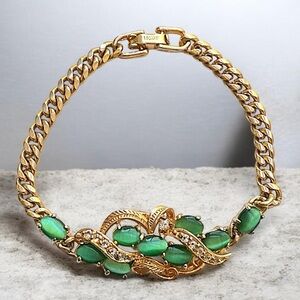 Vintage 18k Gold Plated Green Rhinestone Chain Link Bracelet 7”